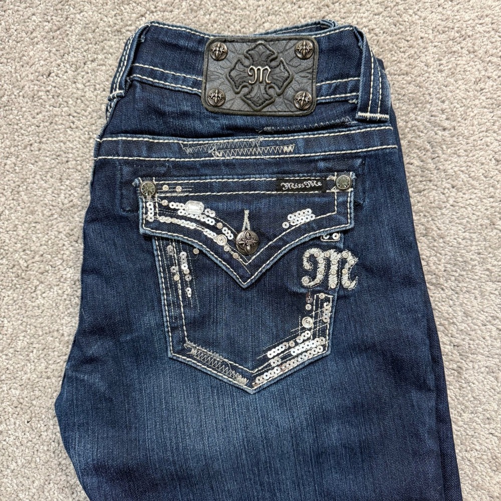 Miss Me Bootcut Jeans Dark Wash Sequin Rhinestone Flap Pocket Denim Size 29